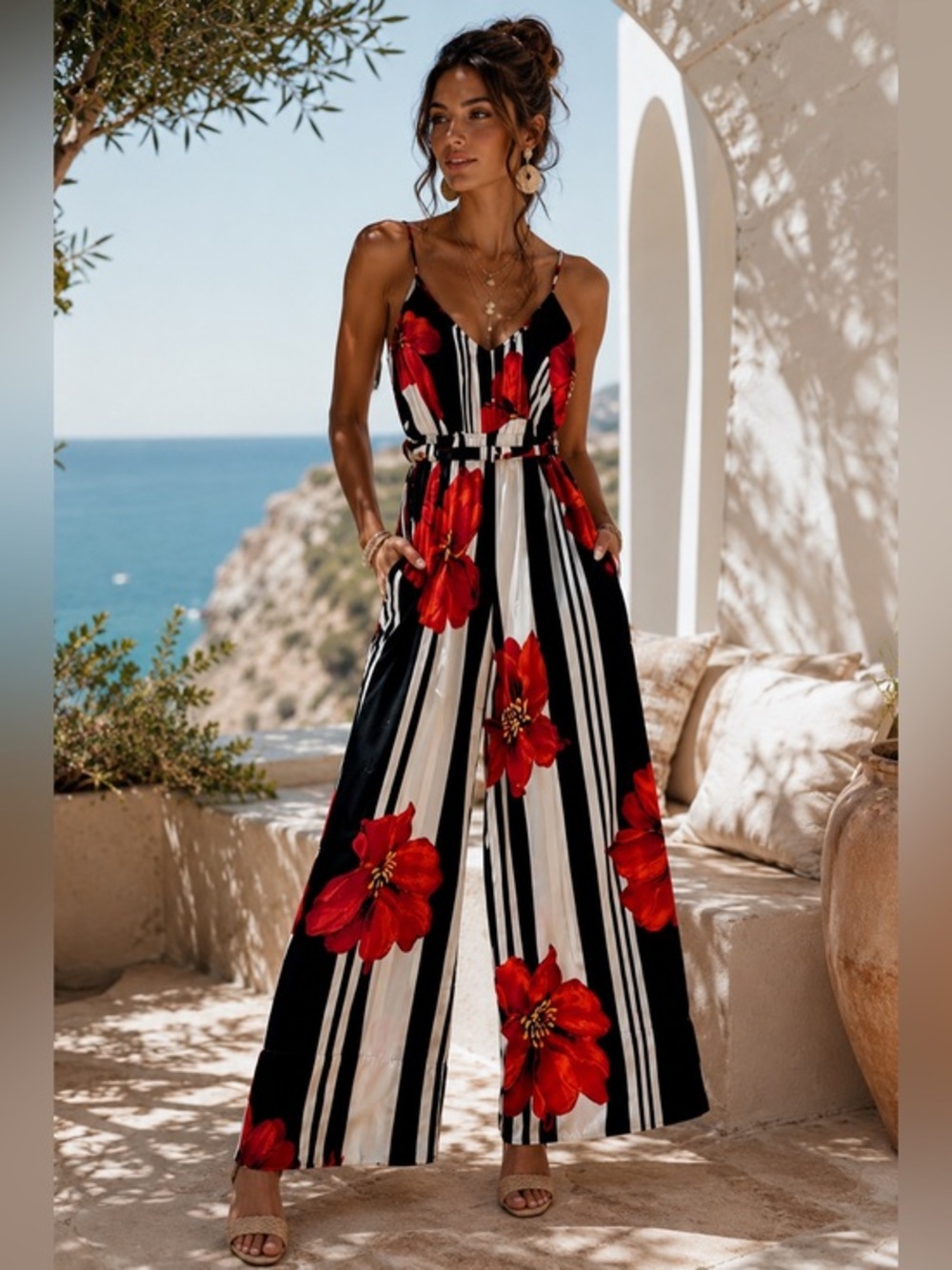 Asher Small Wide Leg Floral Stripe Jumpsuit Resortwear Vacation Euro Summer
